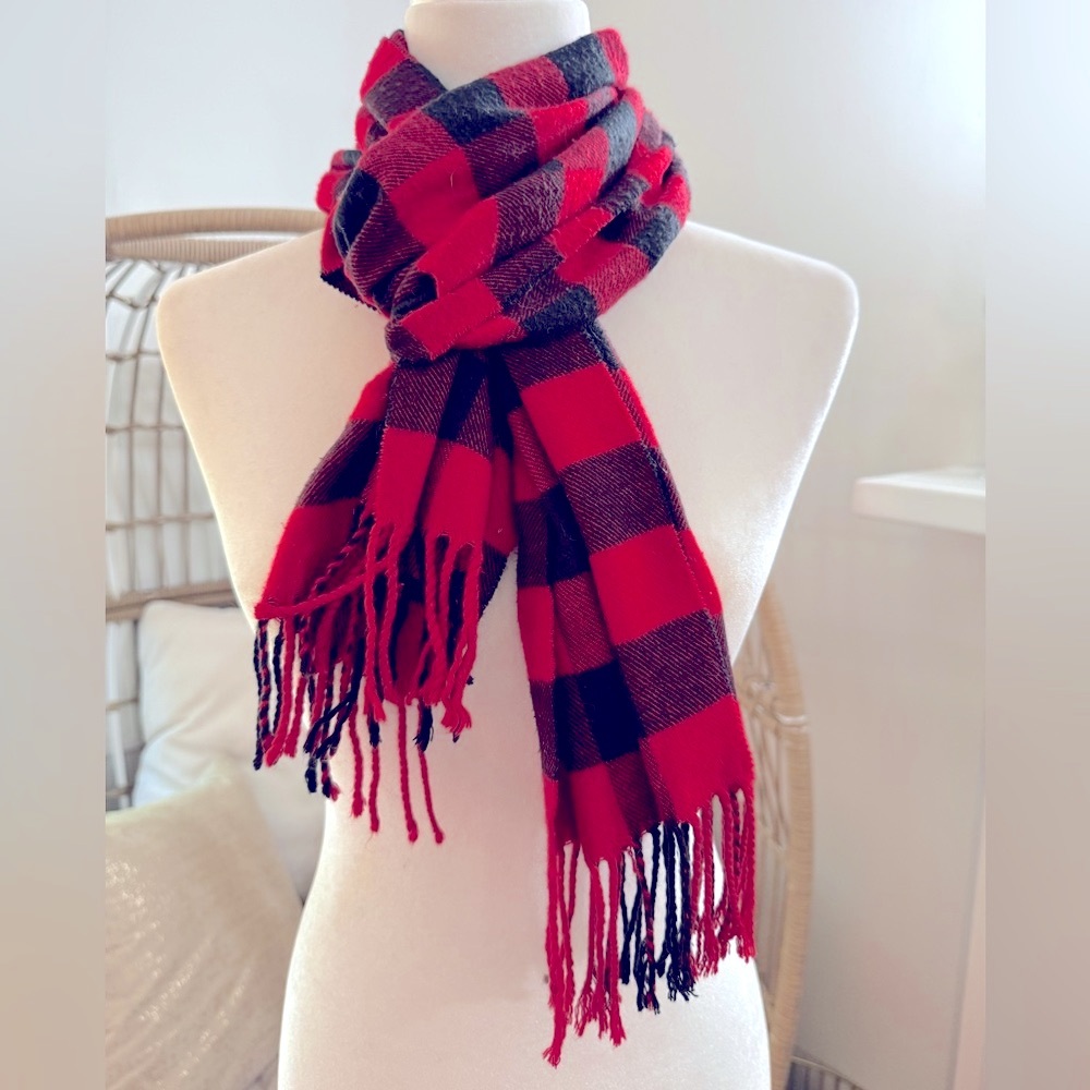 Buffalo Plaid Red Black Cashmere Blend Scarf Men’s Winter Fringe‎